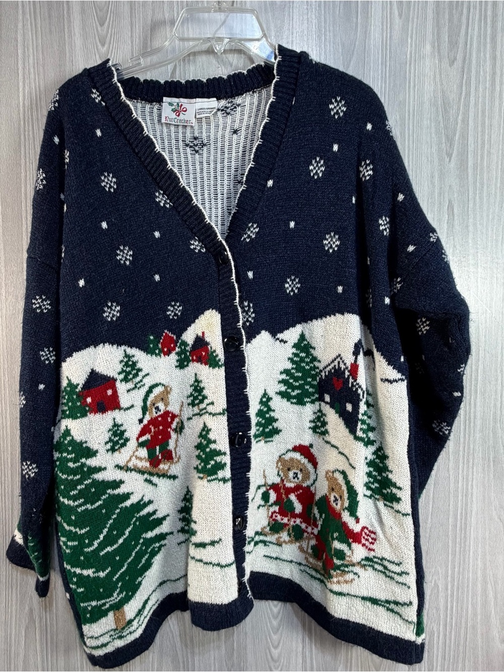 Nutcracker Navy Blue Ugly Christmas Sweater Teddy Bears Cardigan Winter Sz L Vtg